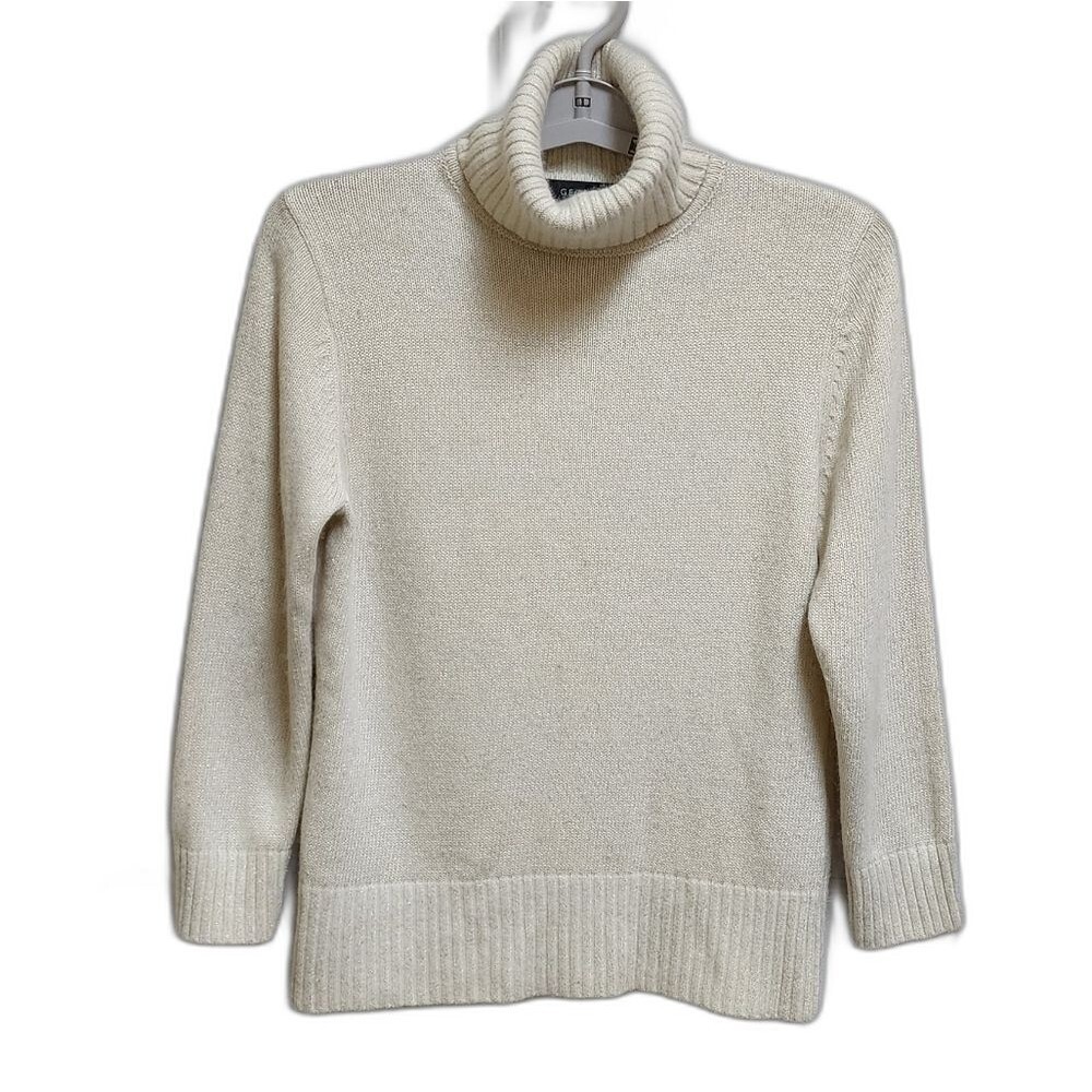Mark Eisen Sweater Womens M Cream Angora Blend Turtleneck Metallic Soft Preppy